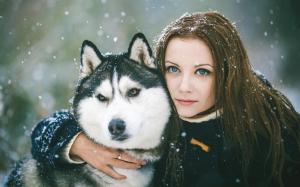 Girl with dog, winter wallpaper thumb