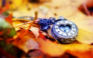 Clock, watch, leaves, autumn, love heart wallpaper thumb
