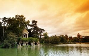France, Paris, Bois de Vincennes Parc, lake, trees, clouds, dusk wallpaper thumb