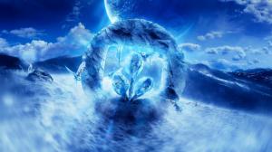 Desktopography logo, digital art, owl, planet, sea, blue wallpaper thumb