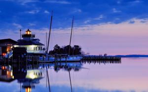 USA, Maryland, lighthouse, bay, night, blue sky, water reflection wallpaper thumb