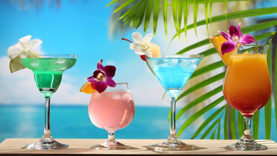 Tropical cocktails, different colors, glass cups, flowers wallpaper,Tropical HD wallpaper,Cocktails HD wallpaper,Different HD wallpaper,Colors HD wallpaper,Glass HD wallpaper,Cups HD wallpaper,Flowers HD wallpaper,3840x2160 wallpaper