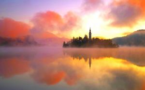 Lake Bled, northwestern Slovenia, warm morning sun, fog wallpaper thumb