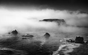 Ocean Beach Fog Mist Rocks Stones BW HD wallpaper thumb