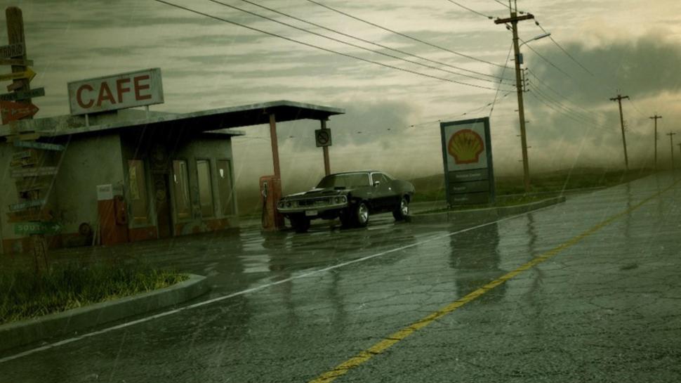 Dodge Charger At A Gas Station In The Rain wallpaper,highway HD wallpaper,gas station HD wallpaper,rain HD wallpaper,cars HD wallpaper,1920x1080 wallpaper