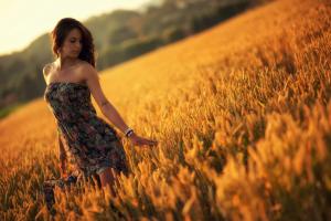 Girl on field, sunset wallpaper thumb