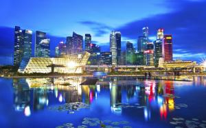 Travel city, Singapore, beautiful night, lights, skyscrapers, lake, reflection wallpaper thumb