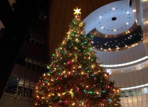 christmas tree, garlands, ornaments, building, street, night wallpaper thumb
