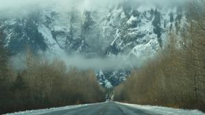 Mountain Fog Mist Winter Snow Road Highway Trees HD wallpaper thumb