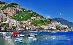 Italy, Positano, Salerno, Amalfi, boats, shore, sea, houses, mountains wallpaper thumb
