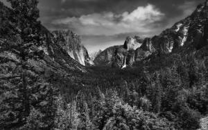 Yosemite Mountains Trees Forest Landscape Rock Stone Waterfall BW HD wallpaper thumb