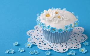 Sweet food, cake, flowers, blue background wallpaper thumb