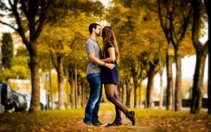 Kiss, Love, Autumn, Alley, Couple, Girl, Boy, Tree wallpaper thumb