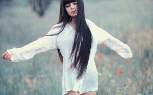 Long hair girl, white dress, meadow, dream wallpaper thumb