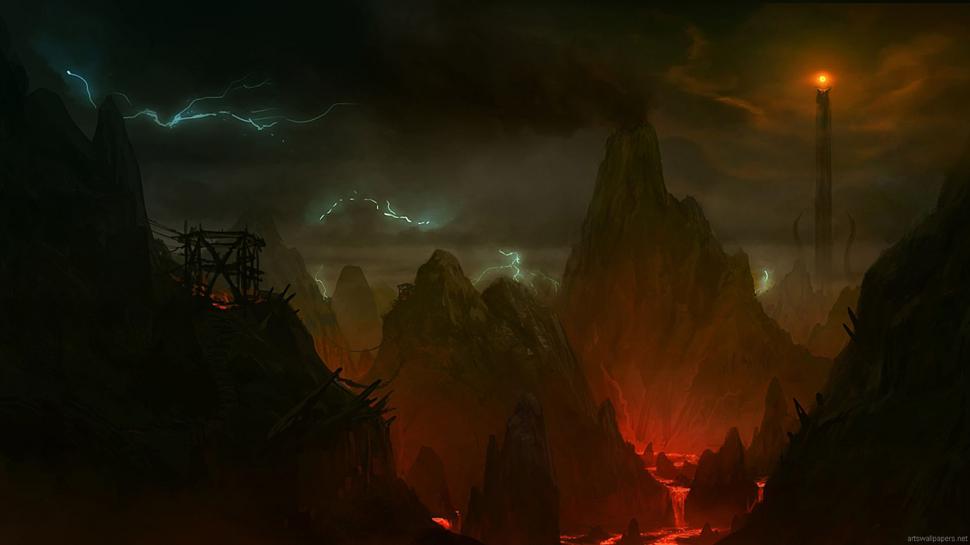 The Lord of the Rings Dark Mordor Lightning Mountains Drawing HD wallpaper  | creative and fantasy | Wallpaper Better