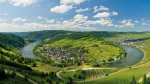 Germany, Mosel, houses, river, fields, trees, mountains, clouds wallpaper thumb