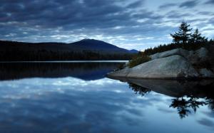 Dark blue sky clouds, lake water, reflection, forest, mountains, morning scenery wallpaper thumb