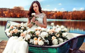 White dress girl in boat, rose flowers wallpaper thumb