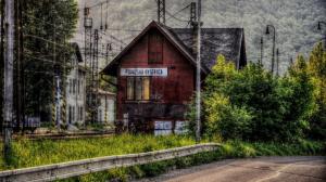 Slovakia, train station, house, trees, clouds, HDR style wallpaper thumb