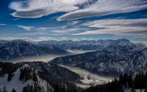 Winter, sky, clouds, mountains, valley, trees, snow wallpaper thumb