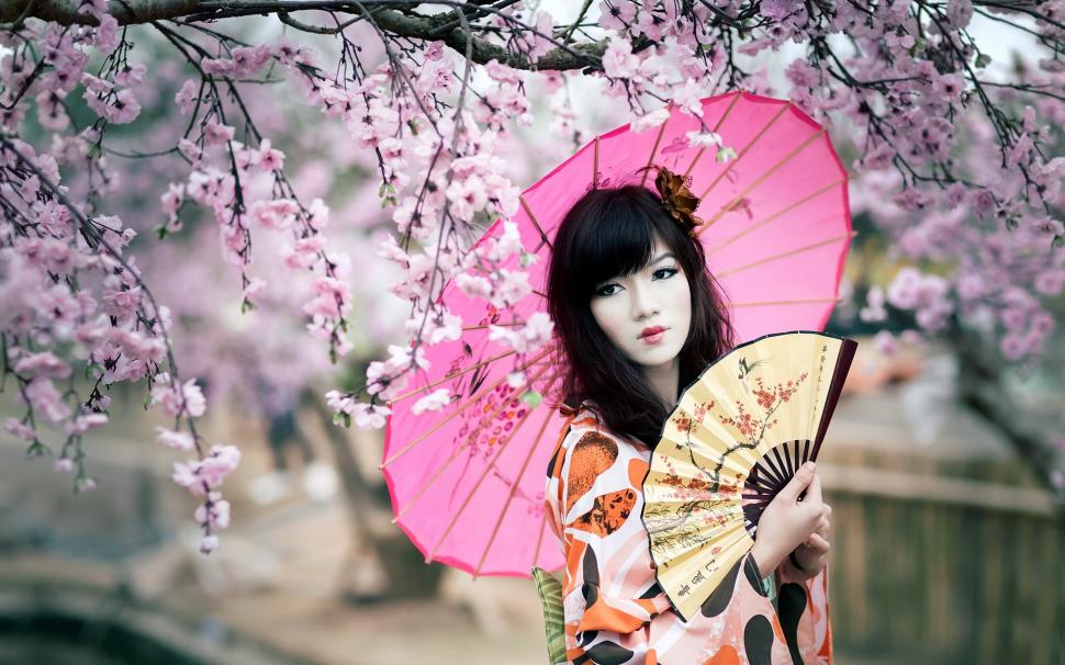 Cherry blossoms, kimono girl, umbrella, fan wallpaper,Cherry HD wallpaper,Blossoms HD wallpaper,Kimono HD wallpaper,Girl HD wallpaper,Umbrella HD wallpaper,Fan HD wallpaper,1920x1200 wallpaper