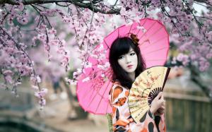 Cherry blossoms, kimono girl, umbrella, fan wallpaper thumb
