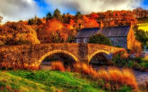 Autumn, river, bridge, house, trees, HDR scenery wallpaper thumb