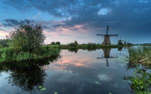 The Netherlands, windmill, river, trees, grass, dusk wallpaper thumb