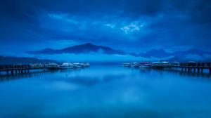 Bay, marina, boats, clouds, fog, evening, blue wallpaper thumb