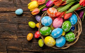 Easter eggs, colorful, tulips, wood, basket wallpaper thumb