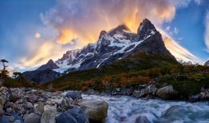 Nature, Mountain, River, Sunrise, Torres Del Paine, Chile, Snowy Peak wallpaper thumb