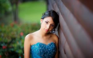 Blue dress asian girl, face, black hair wallpaper thumb