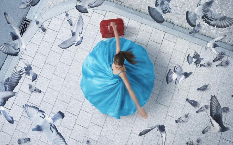 Women, Blue Dress, Birds, Aerial View wallpaper,women wallpaper,blue dress wallpaper,birds wallpaper,aerial view wallpaper,1280x800 wallpaper