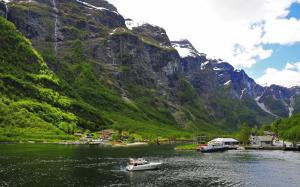 Norway, mountains, snow, boats, house, river wallpaper thumb