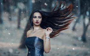 Blue dress, long hair girl in the wind wallpaper thumb