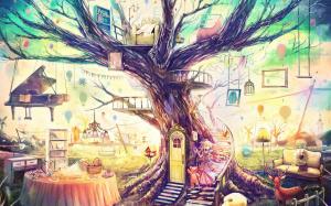 Beautiful art painting, magical world, fantasy house, tree, toys, sofa wallpaper thumb