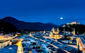 Austria, Salzburg, city night, street, houses, lights, mountains wallpaper thumb