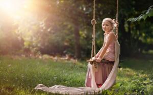 Cute girl sit on swing, sun, summer wallpaper thumb