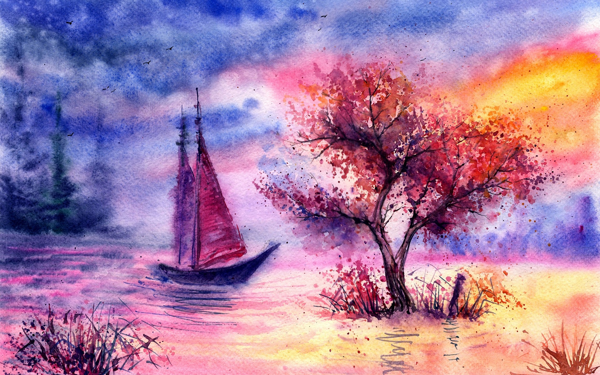 Watercolor landscape, evening, tree, sailing, river wallpaper | art and