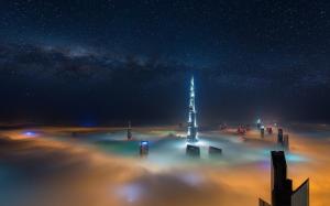 Cityscape, Milky Way, Mist, Skyscraper, Dubai, Starry Night, Sky, Night wallpaper thumb
