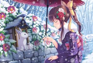 Anime Girls, Japanese Umbrella, Rabbits, Snow, Flowers, Kimono wallpaper thumb