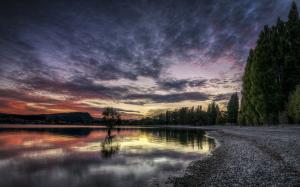Lake, sunset, dusk, trees, sky, clouds wallpaper thumb