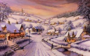 Painting, winter, snow, houses, road, trees, people wallpaper thumb