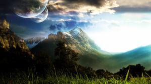 Alien Landscape Planets Mountains Grass HD wallpaper thumb