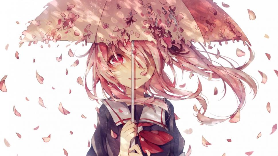 School Uniforms Girls Students Umbrellas Petals Cute Anime