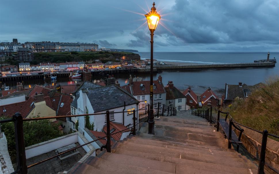 England, Whitby, coast, sea, lamp, stairs, houses, clouds, night wallpaper,England HD wallpaper,Whitby HD wallpaper,Coast HD wallpaper,Sea HD wallpaper,Lamp HD wallpaper,Stairs HD wallpaper,Houses HD wallpaper,Clouds HD wallpaper,Night HD wallpaper,2560x1600 wallpaper