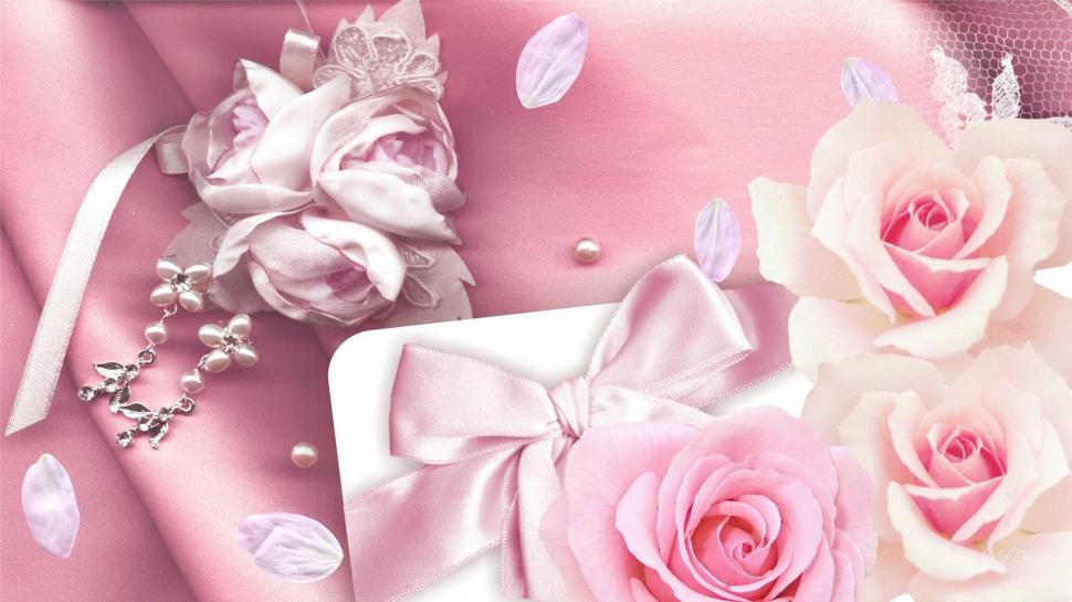 Feminine Pinks wallpaper,feminine HD wallpaper,ribbon HD wallpaper,pink roses HD wallpaper,silk HD wallpaper,lace HD wallpaper,pearls HD wallpaper,petals HD wallpaper,3d & abstract HD wallpaper,1920x1080 wallpaper