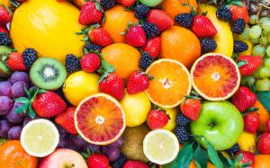 Fresh fruits, strawberries, raspberries, orange, apple, kiwi, grape wallpaper thumb