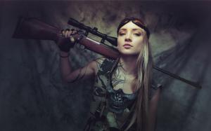 Long hair girl, rifle, look wallpaper thumb