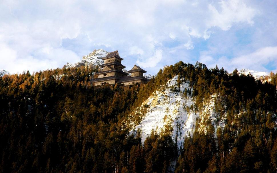 Japanese Castle On A Mountain In Winter wallpaper,forest HD wallpaper,castle HD wallpaper,winter HD wallpaper,mountains HD wallpaper,nature & landscapes HD wallpaper,1920x1200 wallpaper